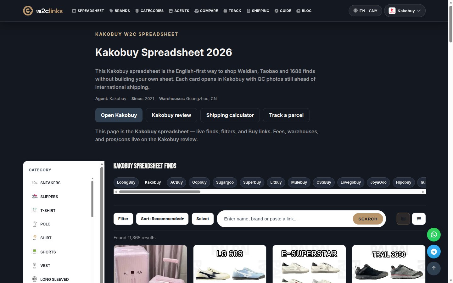 Kakobuy-catalogus op w2clinks: kaarten met foto, merk en referentieprijs